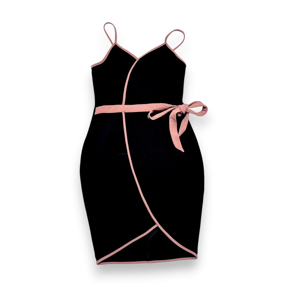 Windsor Black w/ Dusty Rose Trim Faux-Wrap Bodycon Slip & Self Tie Belt S/M